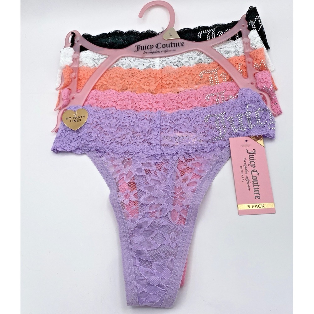 Juicy Couture Lace Rhinestones Thong Panties Size Large 5 Pk No Panty Lines Logo